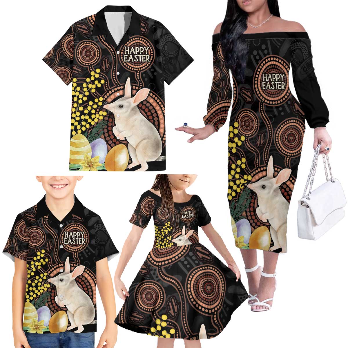 Australia Easter Indigenous Personalized Family Matching Off The Shoulder Long Sleeve Dress and Hawaiian Shirt Cute Easter Bilby