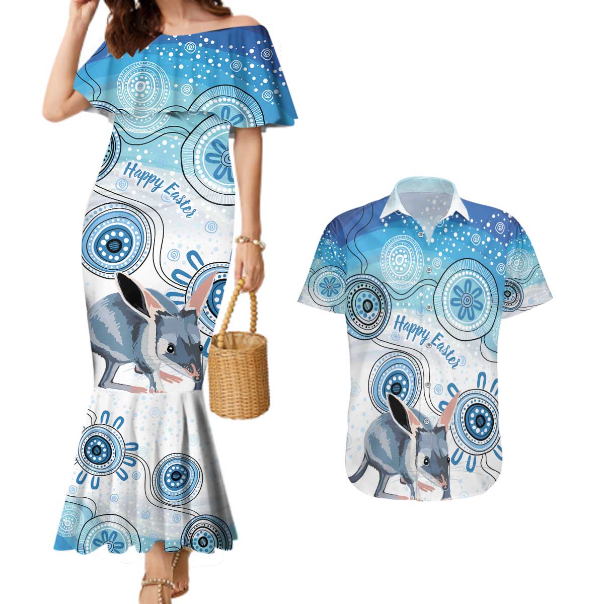 Australia Easter Indigenous Couples Matching Mermaid Dress and Hawaiian Shirt Bilby Happy Easter