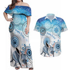 Australia Easter Indigenous Couples Matching Off Shoulder Maxi Dress and Hawaiian Shirt Bilby Happy Easter