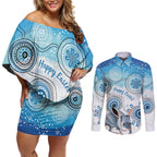 Australia Easter Indigenous Couples Matching Off Shoulder Short Dress and Long Sleeve Button Shirt Bilby Happy Easter
