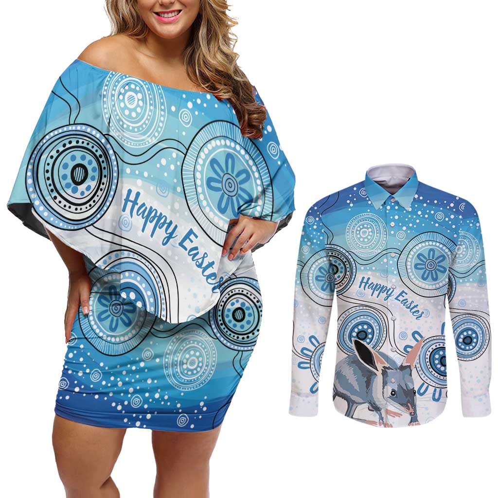 Australia Easter Indigenous Couples Matching Off Shoulder Short Dress and Long Sleeve Button Shirt Bilby Happy Easter