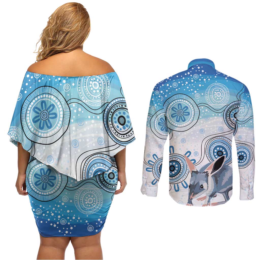 Australia Easter Indigenous Couples Matching Off Shoulder Short Dress and Long Sleeve Button Shirt Bilby Happy Easter