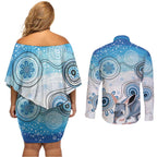 Australia Easter Indigenous Couples Matching Off Shoulder Short Dress and Long Sleeve Button Shirt Bilby Happy Easter