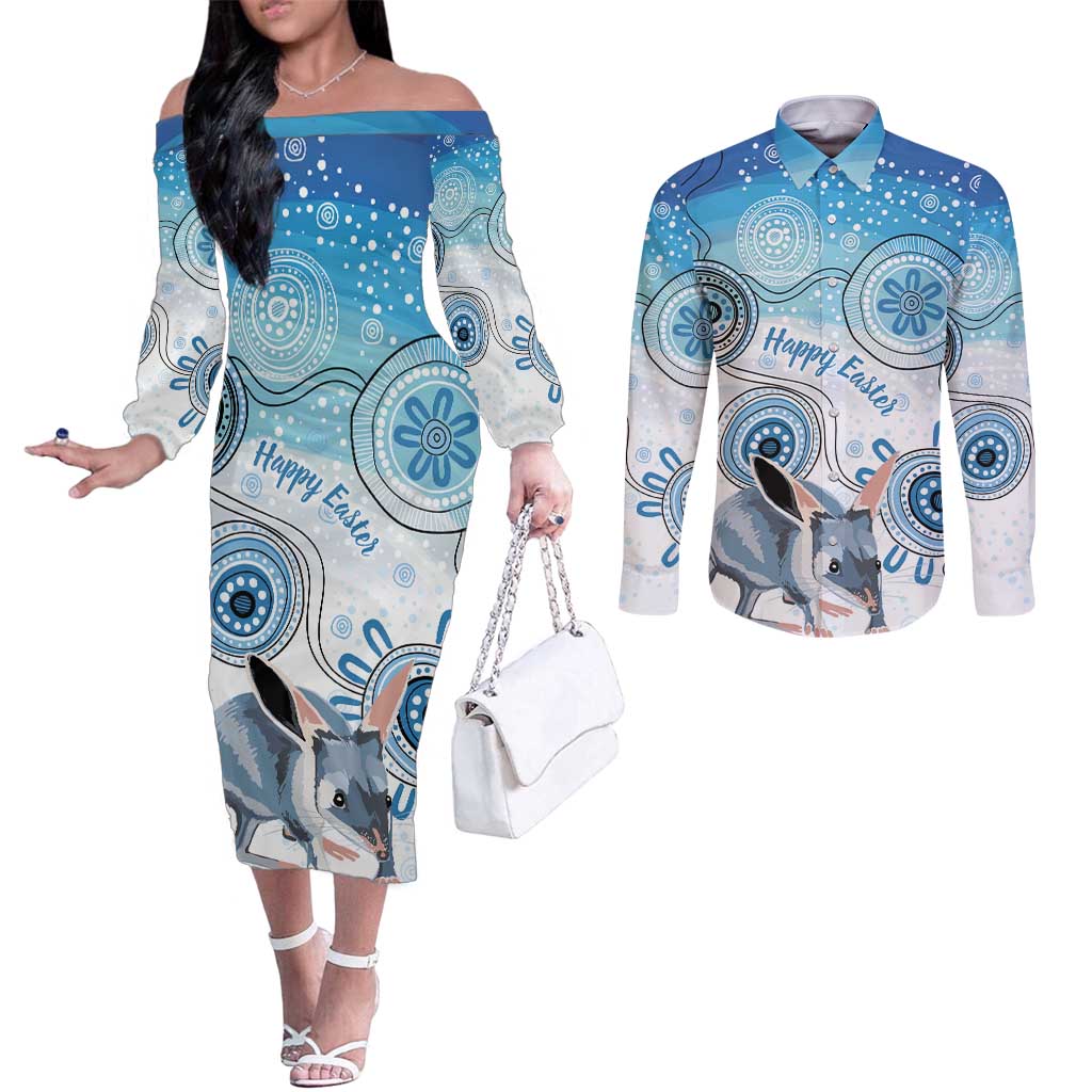 Australia Easter Indigenous Couples Matching Off The Shoulder Long Sleeve Dress and Long Sleeve Button Shirt Bilby Happy Easter
