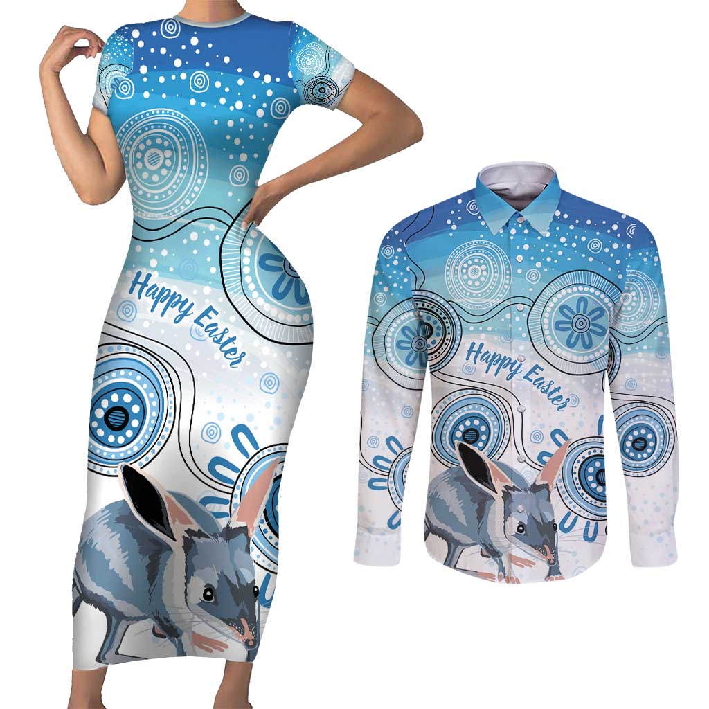 Australia Easter Indigenous Couples Matching Short Sleeve Bodycon Dress and Long Sleeve Button Shirt Bilby Happy Easter
