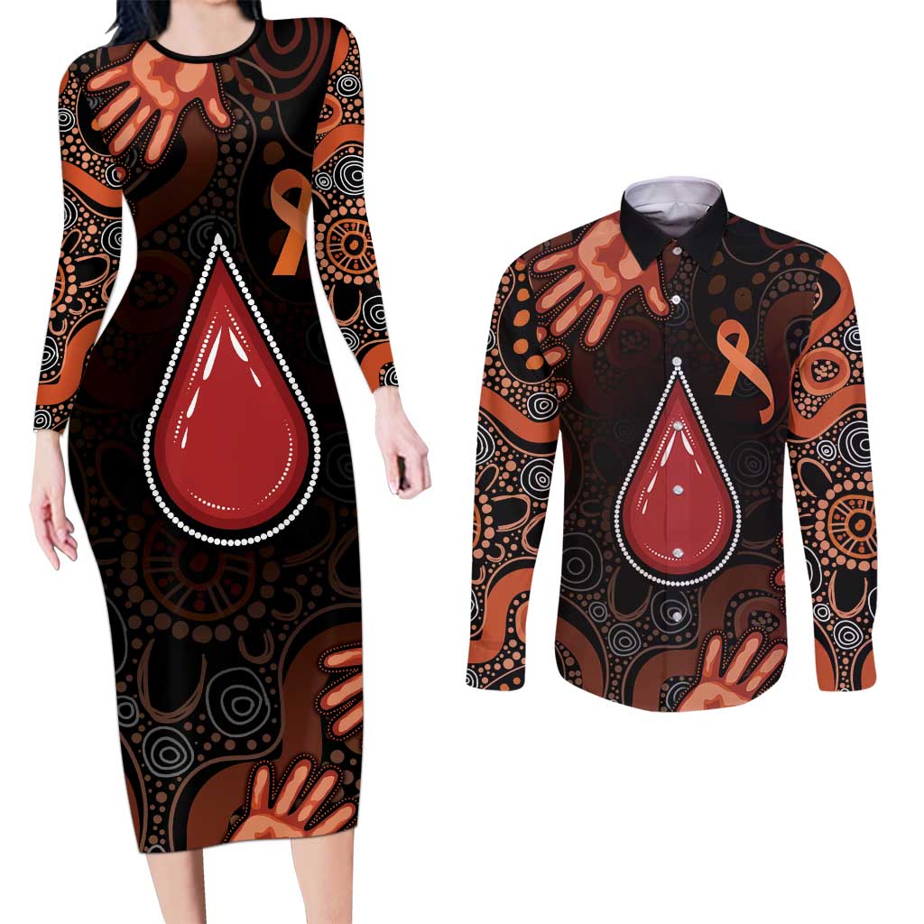 Australia Indigenous Leukemia Awareness Couples Matching Long Sleeve Bodycon Dress and Long Sleeve Button Shirt Aboriginal Dot Arts - Aussie Hoodie