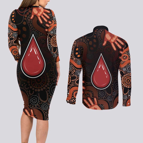 Australia Indigenous Leukemia Awareness Couples Matching Long Sleeve Bodycon Dress and Long Sleeve Button Shirt Aboriginal Dot Arts - Aussie Hoodie