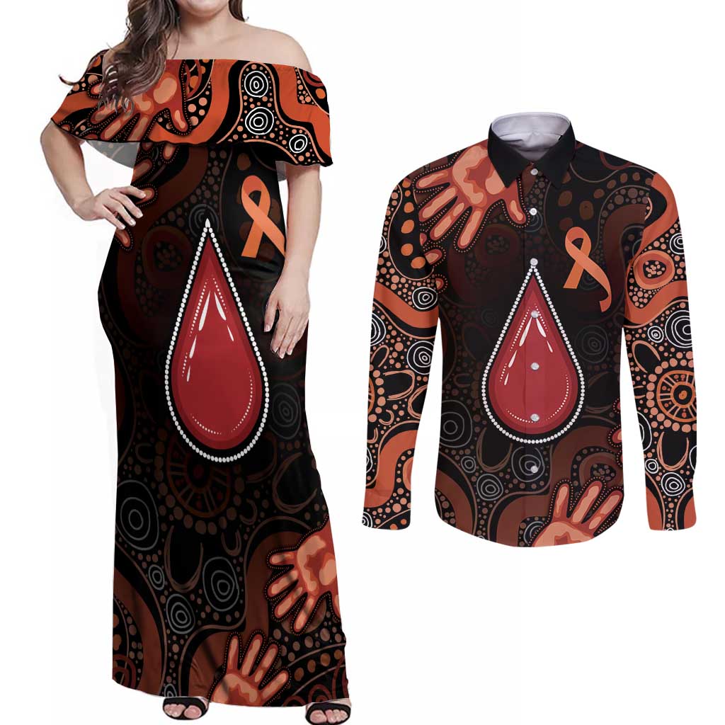 Australia Indigenous Leukemia Awareness Couples Matching Off Shoulder Maxi Dress and Long Sleeve Button Shirt Aboriginal Dot Arts - Aussie Hoodie