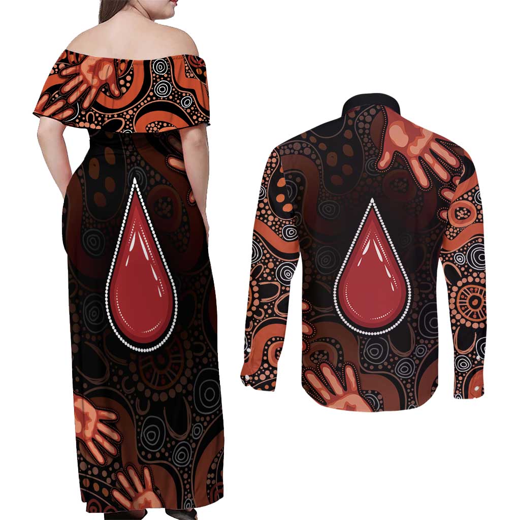 Australia Indigenous Leukemia Awareness Couples Matching Off Shoulder Maxi Dress and Long Sleeve Button Shirt Aboriginal Dot Arts - Aussie Hoodie