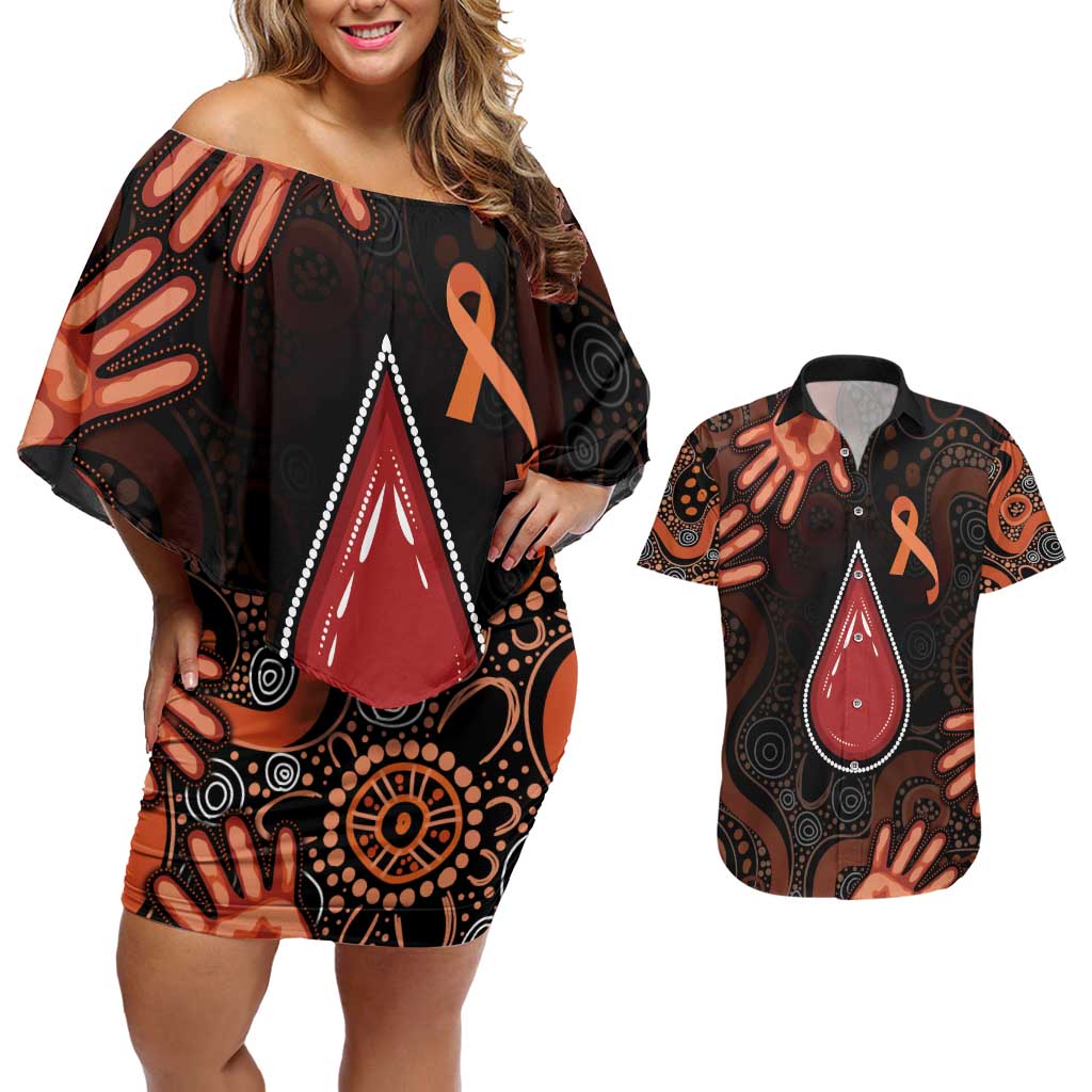 Australia Indigenous Leukemia Awareness Couples Matching Off Shoulder Short Dress and Hawaiian Shirt Aboriginal Dot Arts - Aussie Hoodie