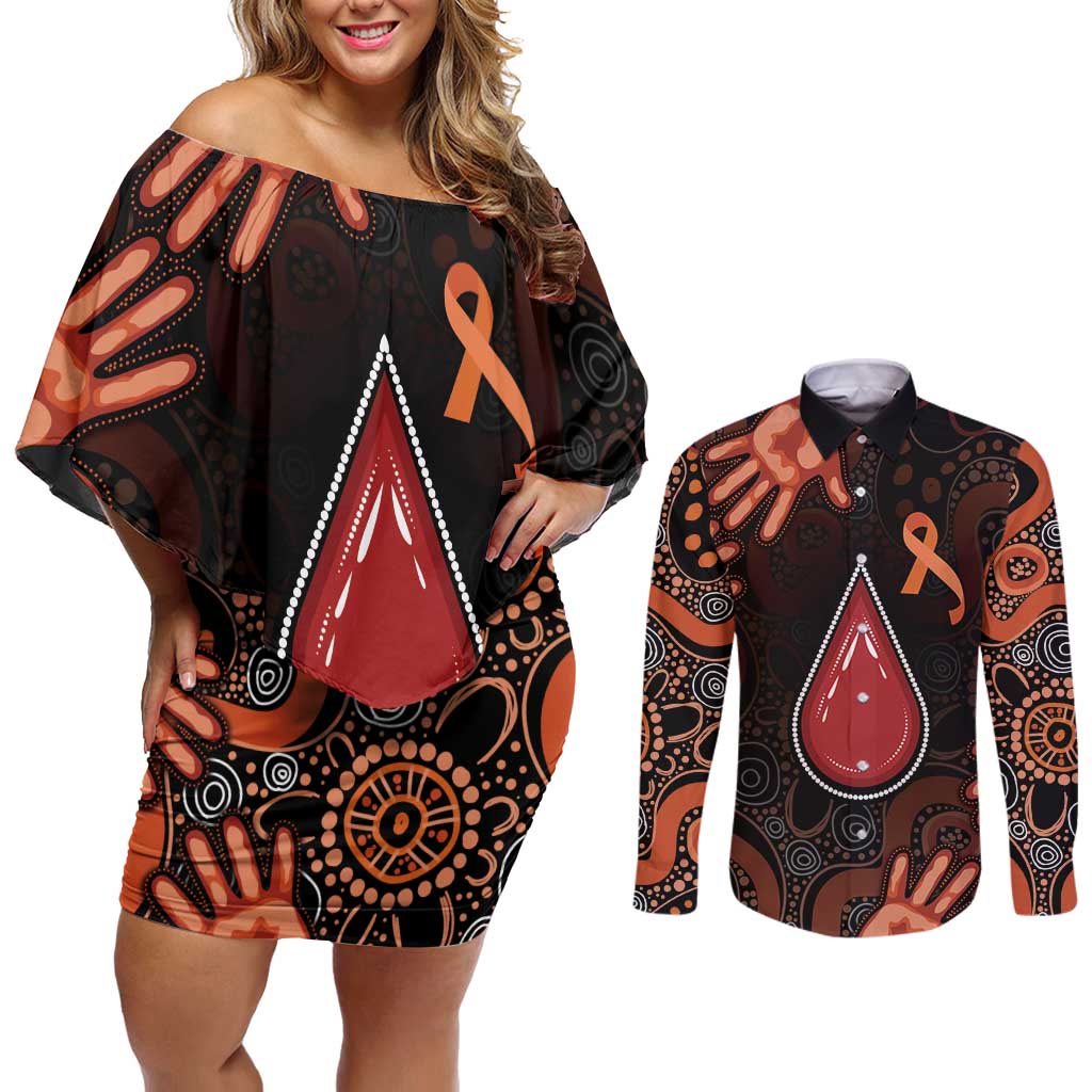 Australia Indigenous Leukemia Awareness Couples Matching Off Shoulder Short Dress and Long Sleeve Button Shirt Aboriginal Dot Arts - Aussie Hoodie