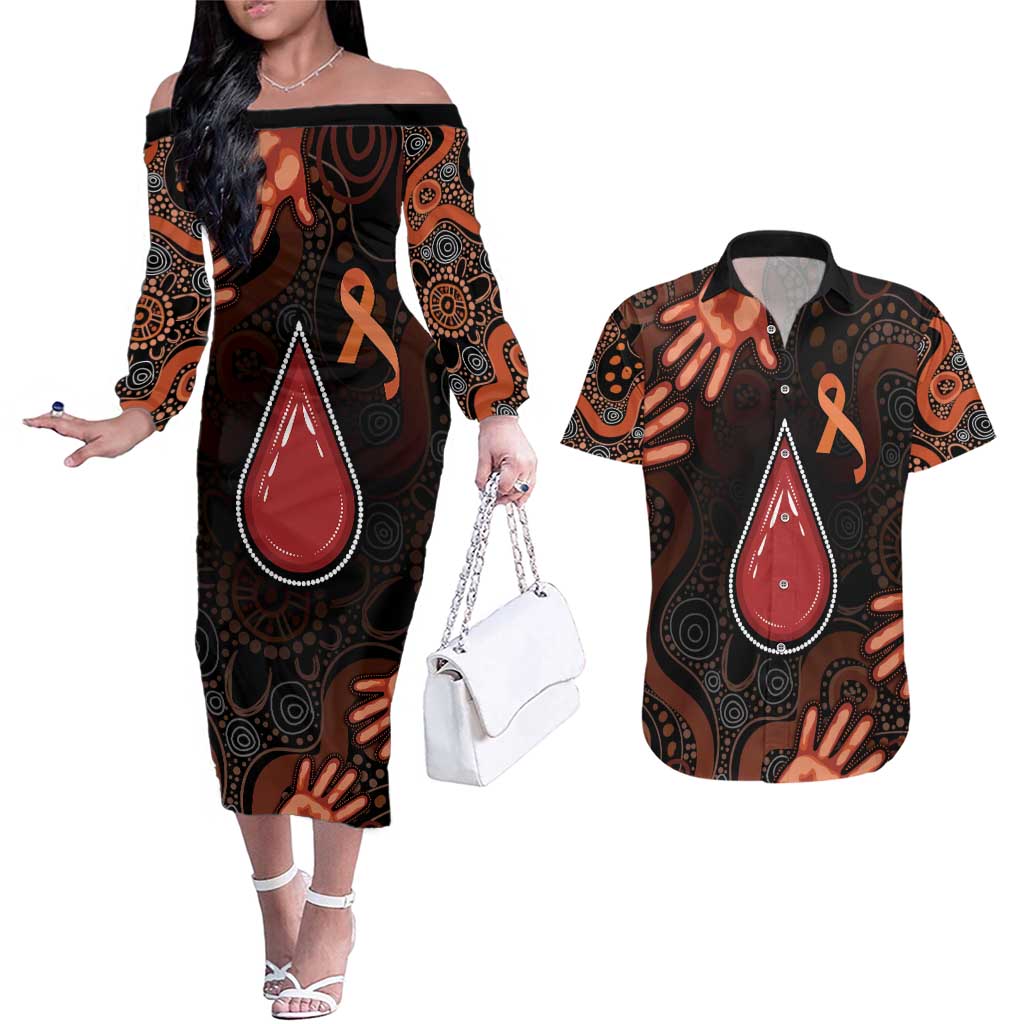Australia Indigenous Leukemia Awareness Couples Matching Off The Shoulder Long Sleeve Dress and Hawaiian Shirt Aboriginal Dot Arts - Aussie Hoodie