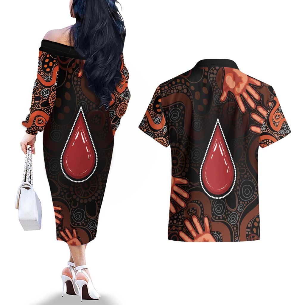 Australia Indigenous Leukemia Awareness Couples Matching Off The Shoulder Long Sleeve Dress and Hawaiian Shirt Aboriginal Dot Arts - Aussie Hoodie