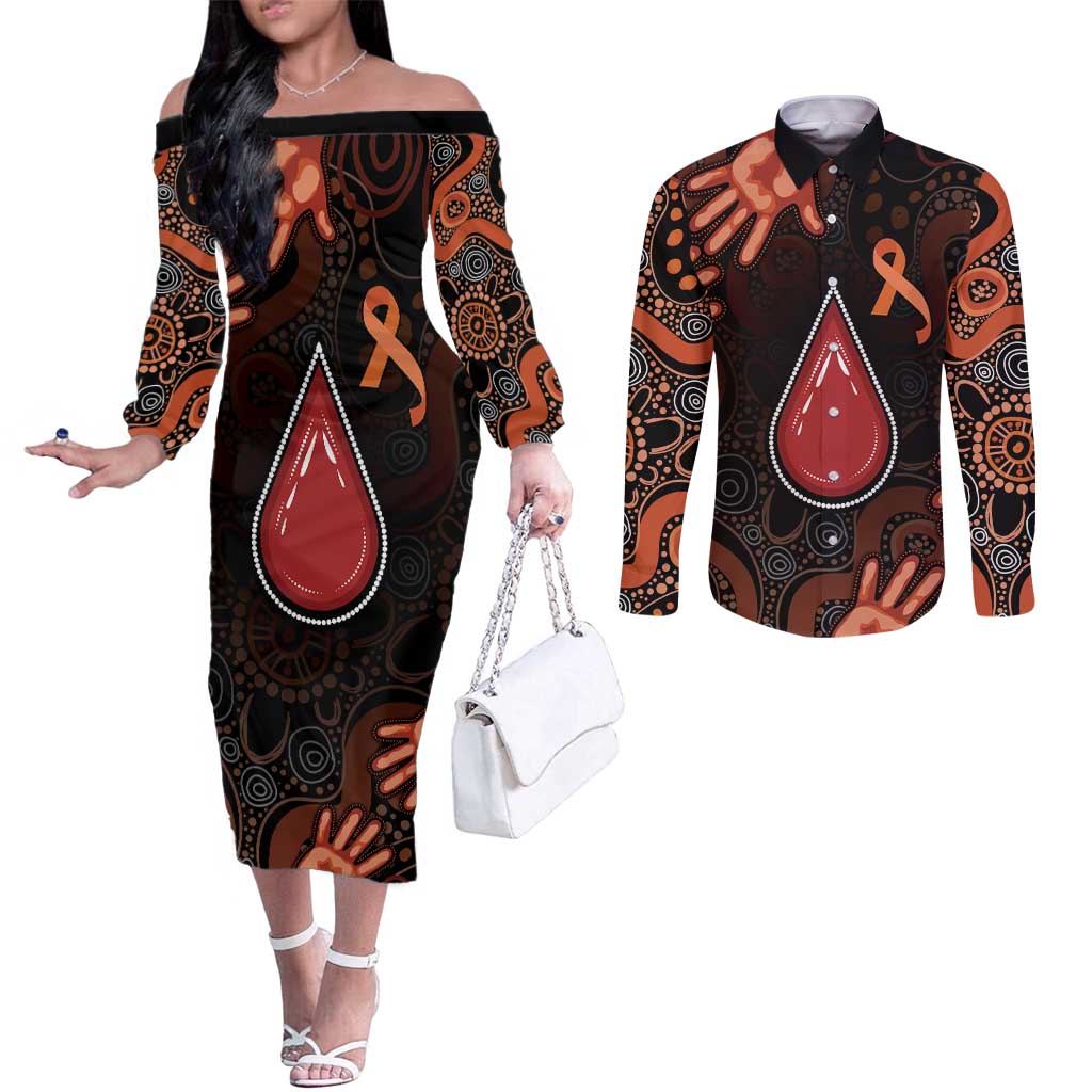Australia Indigenous Leukemia Awareness Couples Matching Off The Shoulder Long Sleeve Dress and Long Sleeve Button Shirt Aboriginal Dot Arts - Aussie Hoodie