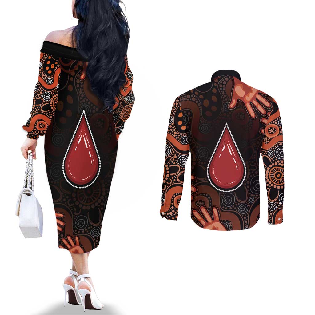 Australia Indigenous Leukemia Awareness Couples Matching Off The Shoulder Long Sleeve Dress and Long Sleeve Button Shirt Aboriginal Dot Arts - Aussie Hoodie