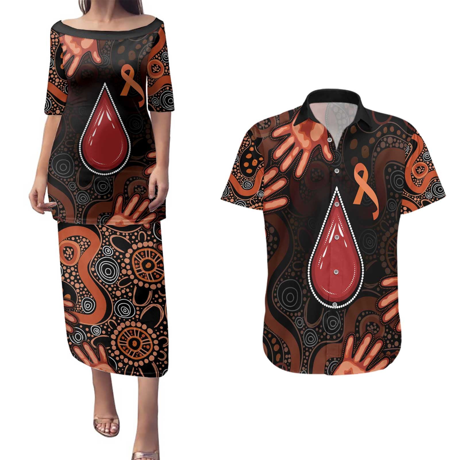 Australia Indigenous Leukemia Awareness Couples Matching Puletasi and Hawaiian Shirt Aboriginal Dot Arts - Aussie Hoodie