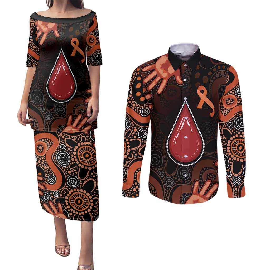 Australia Indigenous Leukemia Awareness Couples Matching Puletasi and Long Sleeve Button Shirt Aboriginal Dot Arts - Aussie Hoodie