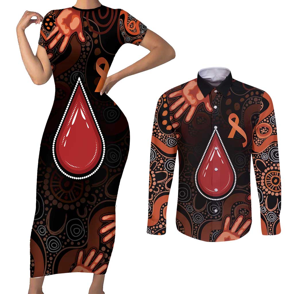 Australia Indigenous Leukemia Awareness Couples Matching Short Sleeve Bodycon Dress and Long Sleeve Button Shirt Aboriginal Dot Arts - Aussie Hoodie