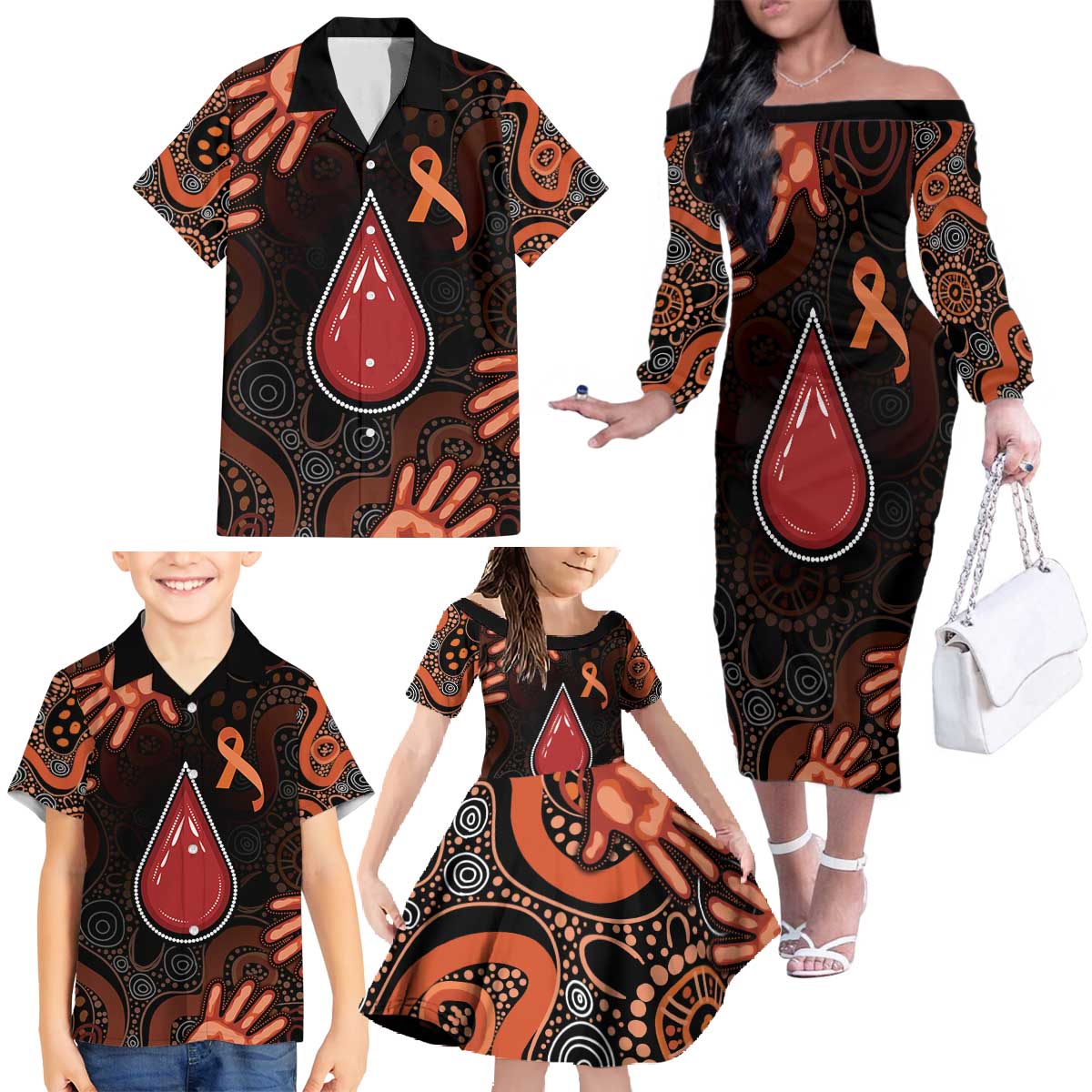 Australia Indigenous Leukemia Awareness Family Matching Off The Shoulder Long Sleeve Dress and Hawaiian Shirt Aboriginal Dot Arts - Aussie Hoodie