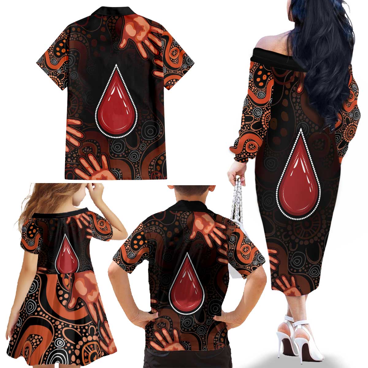Australia Indigenous Leukemia Awareness Family Matching Off The Shoulder Long Sleeve Dress and Hawaiian Shirt Aboriginal Dot Arts - Aussie Hoodie