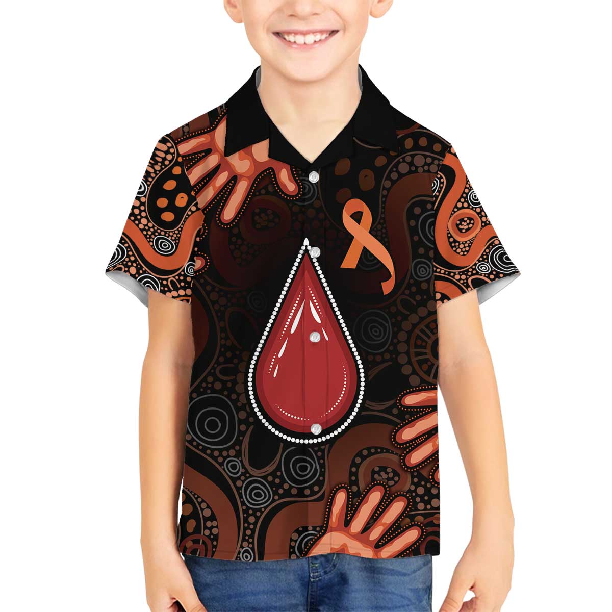 Australia Indigenous Leukemia Awareness Family Matching Off The Shoulder Long Sleeve Dress and Hawaiian Shirt Aboriginal Dot Arts - Aussie Hoodie