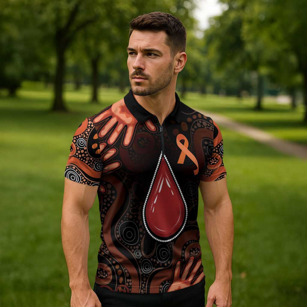 Australia Indigenous Leukemia Awareness Zipper Polo Shirt Aboriginal Dot Arts - Aussie Hoodie