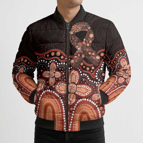 Australia Indigenous Personalized Bomber Puffer Jacket Fight Leukemia Orange Ribbons - Aussie Hoodie