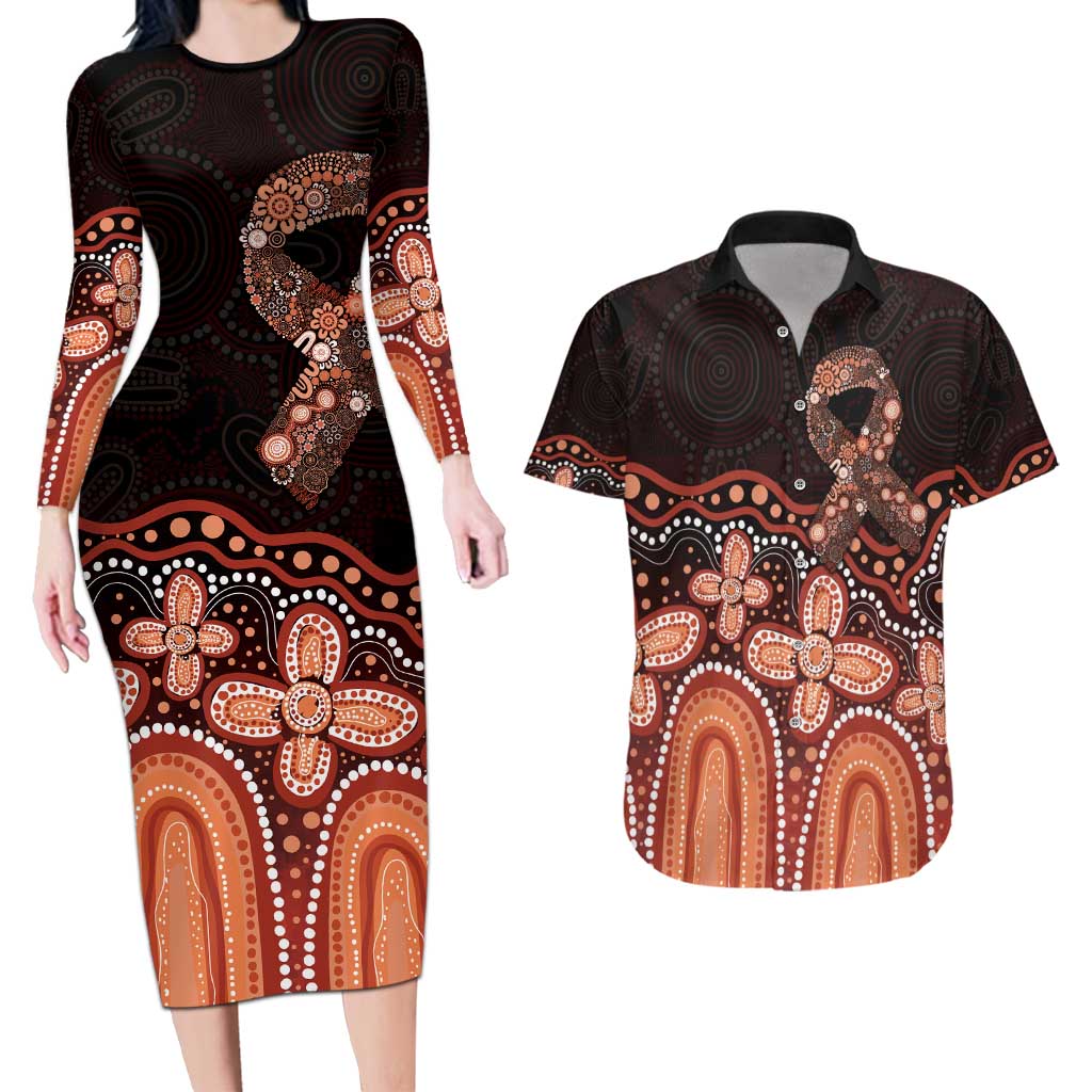 Australia Indigenous Personalized Couples Matching Long Sleeve Bodycon Dress and Hawaiian Shirt Fight Leukemia Orange Ribbons - Aussie Hoodie