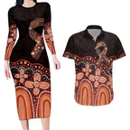 Australia Indigenous Personalized Couples Matching Long Sleeve Bodycon Dress and Hawaiian Shirt Fight Leukemia Orange Ribbons - Aussie Hoodie