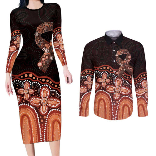 Australia Indigenous Personalized Couples Matching Long Sleeve Bodycon Dress and Long Sleeve Button Shirt Fight Leukemia Orange Ribbons - Aussie Hoodie