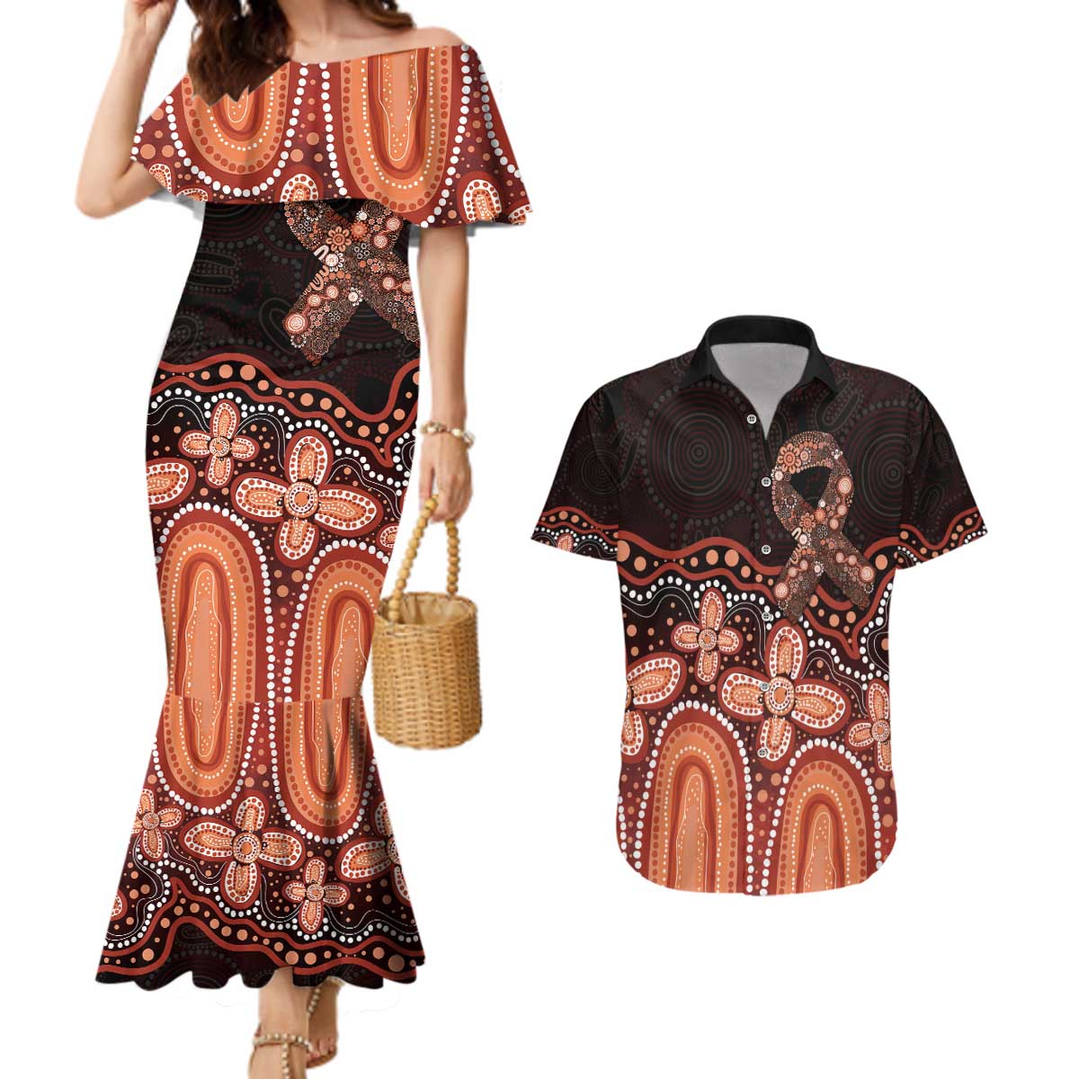 Australia Indigenous Personalized Couples Matching Mermaid Dress and Hawaiian Shirt Fight Leukemia Orange Ribbons - Aussie Hoodie