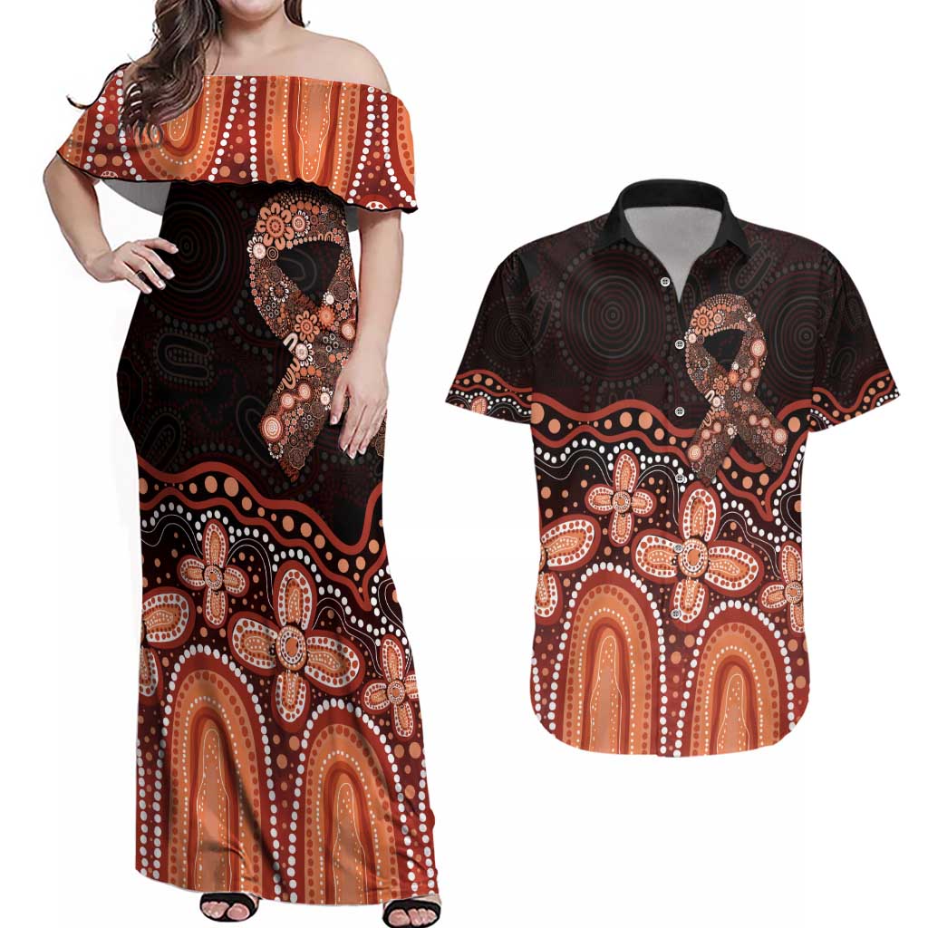 Australia Indigenous Personalized Couples Matching Off Shoulder Maxi Dress and Hawaiian Shirt Fight Leukemia Orange Ribbons - Aussie Hoodie