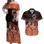 Australia Indigenous Personalized Couples Matching Off Shoulder Maxi Dress and Hawaiian Shirt Fight Leukemia Orange Ribbons - Aussie Hoodie