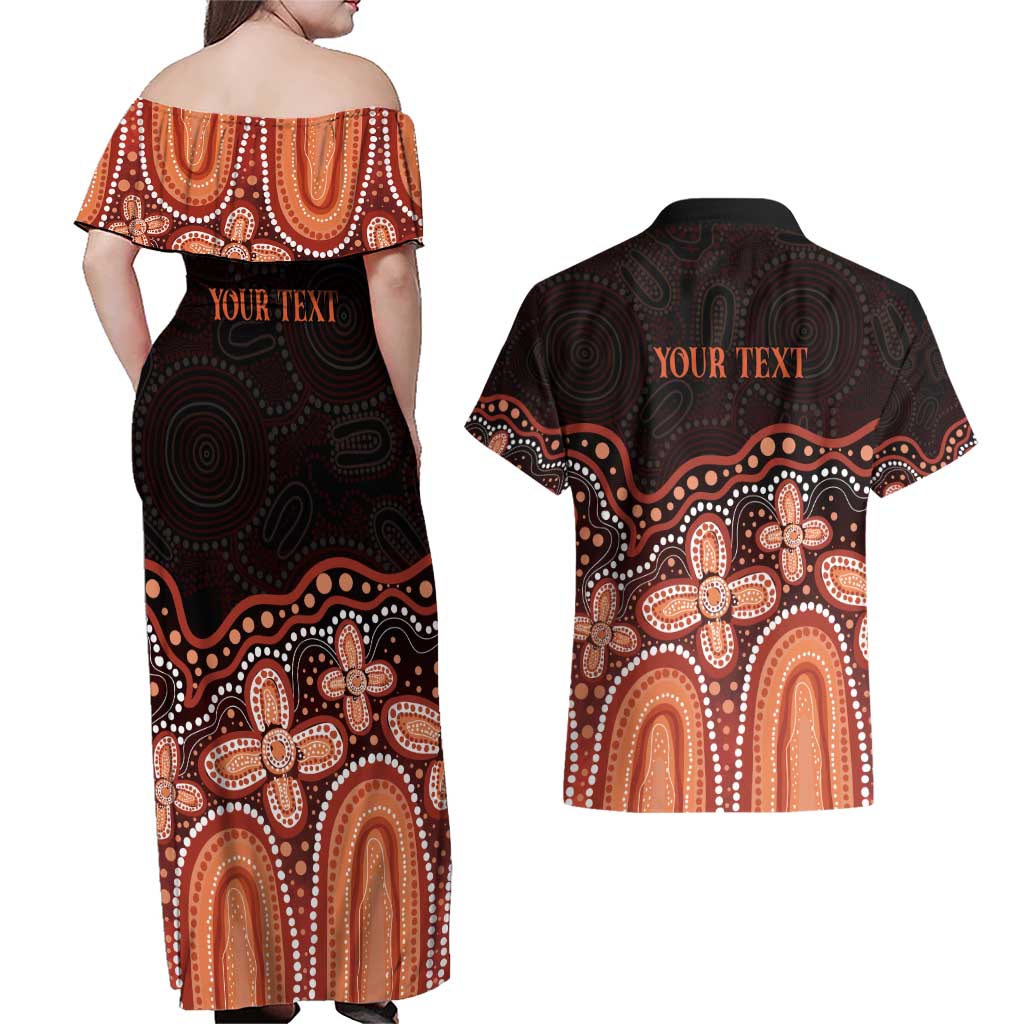 Australia Indigenous Personalized Couples Matching Off Shoulder Maxi Dress and Hawaiian Shirt Fight Leukemia Orange Ribbons - Aussie Hoodie