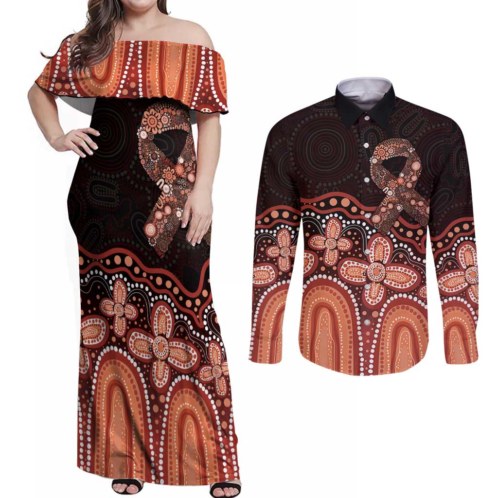 Australia Indigenous Personalized Couples Matching Off Shoulder Maxi Dress and Long Sleeve Button Shirt Fight Leukemia Orange Ribbons - Aussie Hoodie