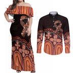 Australia Indigenous Personalized Couples Matching Off Shoulder Maxi Dress and Long Sleeve Button Shirt Fight Leukemia Orange Ribbons - Aussie Hoodie