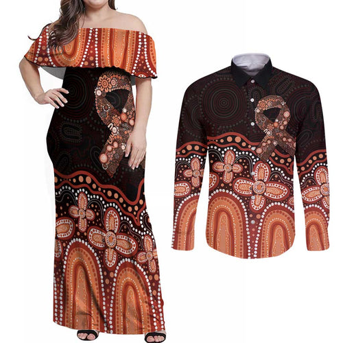Australia Indigenous Personalized Couples Matching Off Shoulder Maxi Dress and Long Sleeve Button Shirt Fight Leukemia Orange Ribbons - Aussie Hoodie