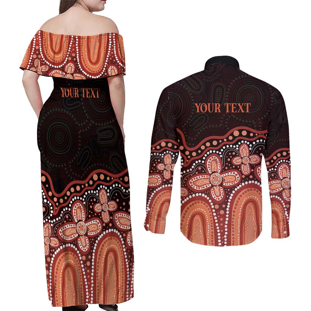 Australia Indigenous Personalized Couples Matching Off Shoulder Maxi Dress and Long Sleeve Button Shirt Fight Leukemia Orange Ribbons - Aussie Hoodie