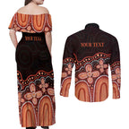 Australia Indigenous Personalized Couples Matching Off Shoulder Maxi Dress and Long Sleeve Button Shirt Fight Leukemia Orange Ribbons - Aussie Hoodie