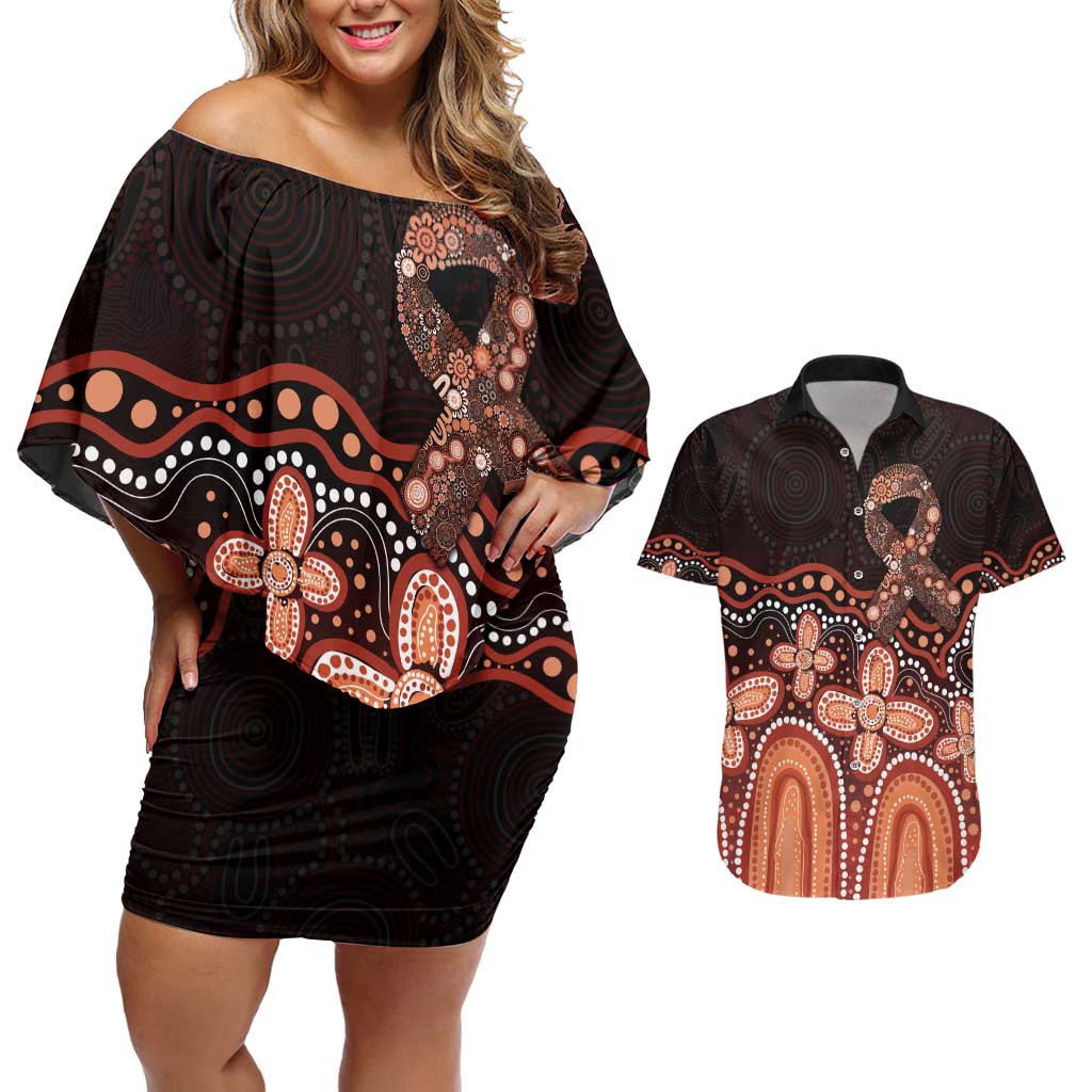 Australia Indigenous Personalized Couples Matching Off Shoulder Short Dress and Hawaiian Shirt Fight Leukemia Orange Ribbons - Aussie Hoodie