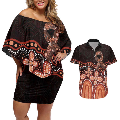 Australia Indigenous Personalized Couples Matching Off Shoulder Short Dress and Hawaiian Shirt Fight Leukemia Orange Ribbons - Aussie Hoodie