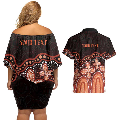 Australia Indigenous Personalized Couples Matching Off Shoulder Short Dress and Hawaiian Shirt Fight Leukemia Orange Ribbons - Aussie Hoodie
