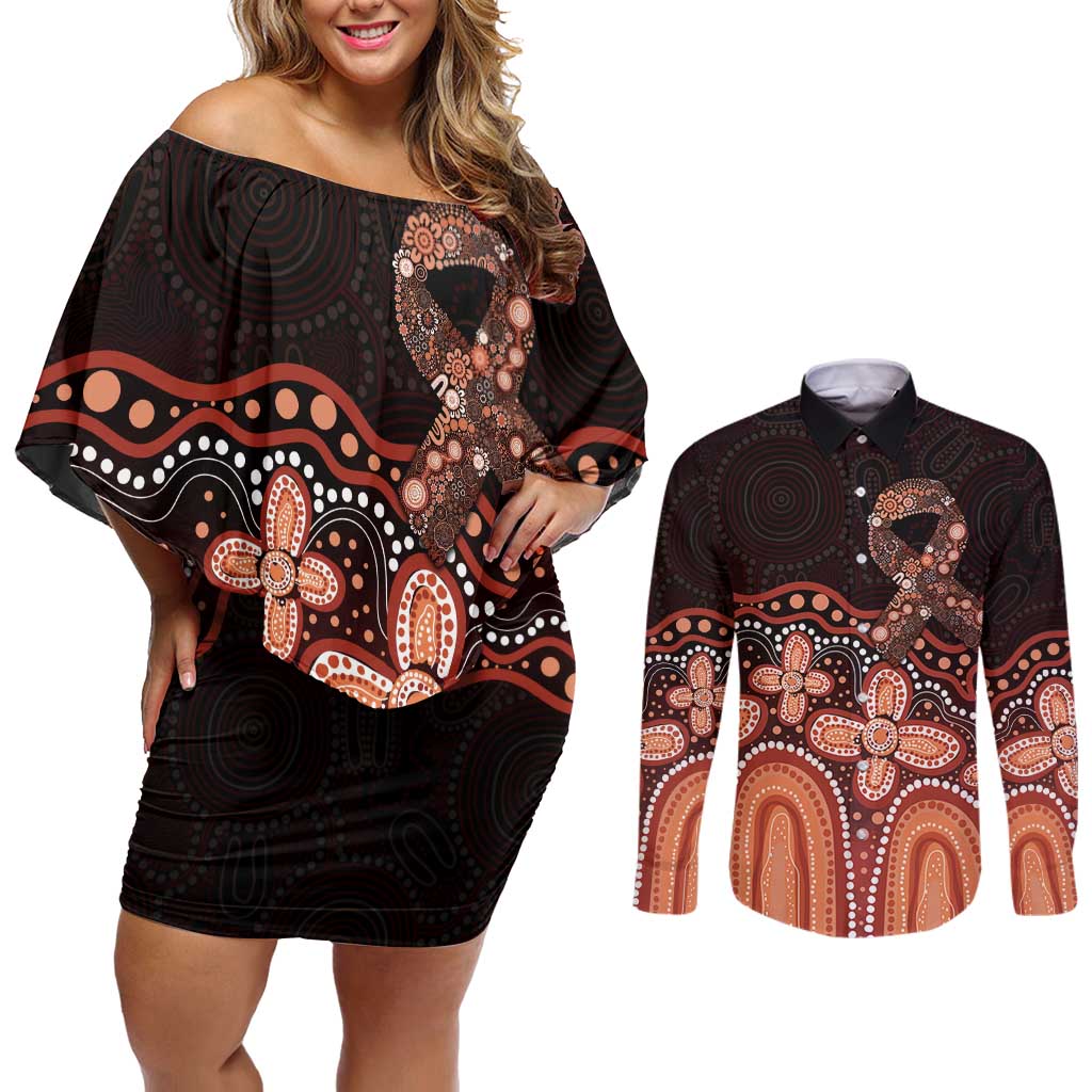 Australia Indigenous Personalized Couples Matching Off Shoulder Short Dress and Long Sleeve Button Shirt Fight Leukemia Orange Ribbons - Aussie Hoodie