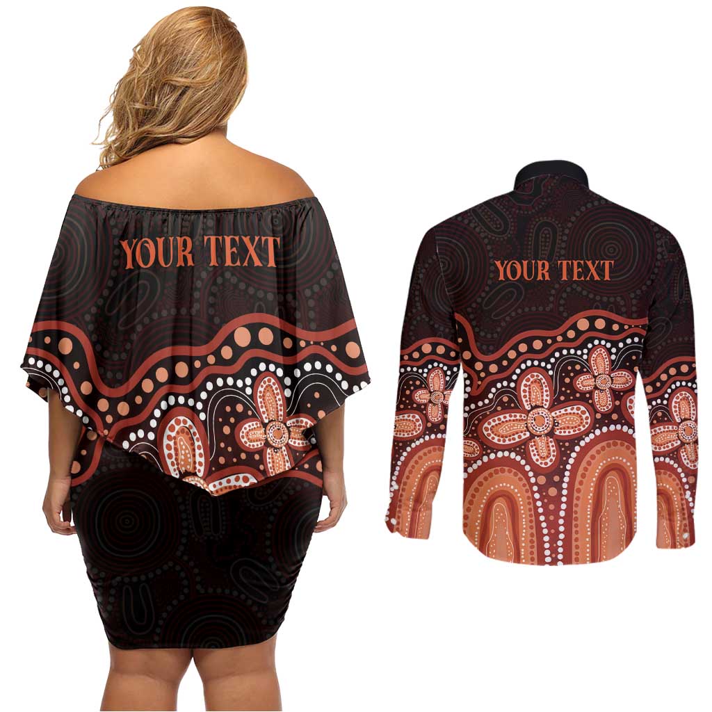 Australia Indigenous Personalized Couples Matching Off Shoulder Short Dress and Long Sleeve Button Shirt Fight Leukemia Orange Ribbons - Aussie Hoodie