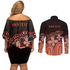 Australia Indigenous Personalized Couples Matching Off Shoulder Short Dress and Long Sleeve Button Shirt Fight Leukemia Orange Ribbons - Aussie Hoodie