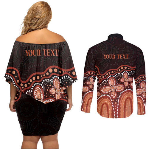 Australia Indigenous Personalized Couples Matching Off Shoulder Short Dress and Long Sleeve Button Shirt Fight Leukemia Orange Ribbons - Aussie Hoodie