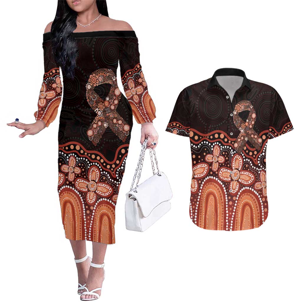 Australia Indigenous Personalized Couples Matching Off The Shoulder Long Sleeve Dress and Hawaiian Shirt Fight Leukemia Orange Ribbons - Aussie Hoodie