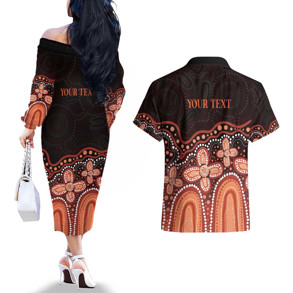 Australia Indigenous Personalized Couples Matching Off The Shoulder Long Sleeve Dress and Hawaiian Shirt Fight Leukemia Orange Ribbons - Aussie Hoodie