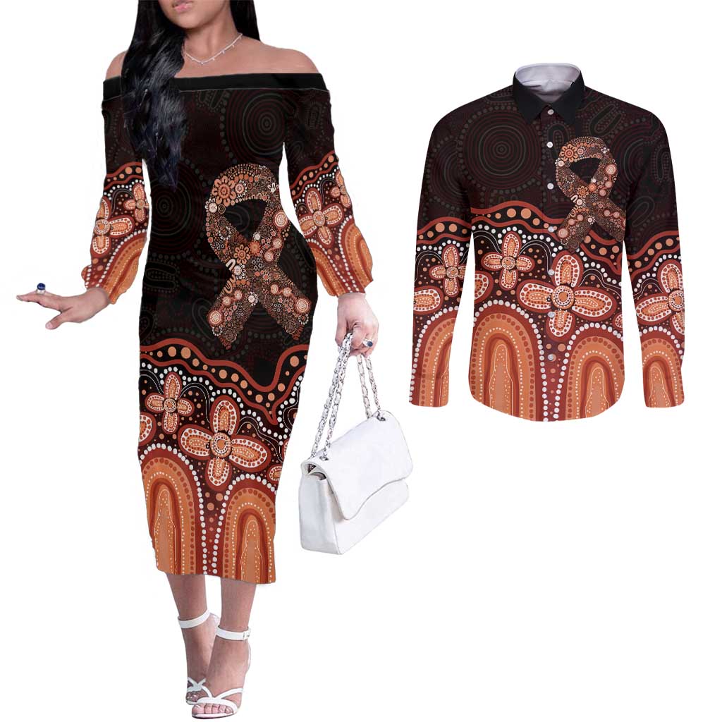 Australia Indigenous Personalized Couples Matching Off The Shoulder Long Sleeve Dress and Long Sleeve Button Shirt Fight Leukemia Orange Ribbons - Aussie Hoodie