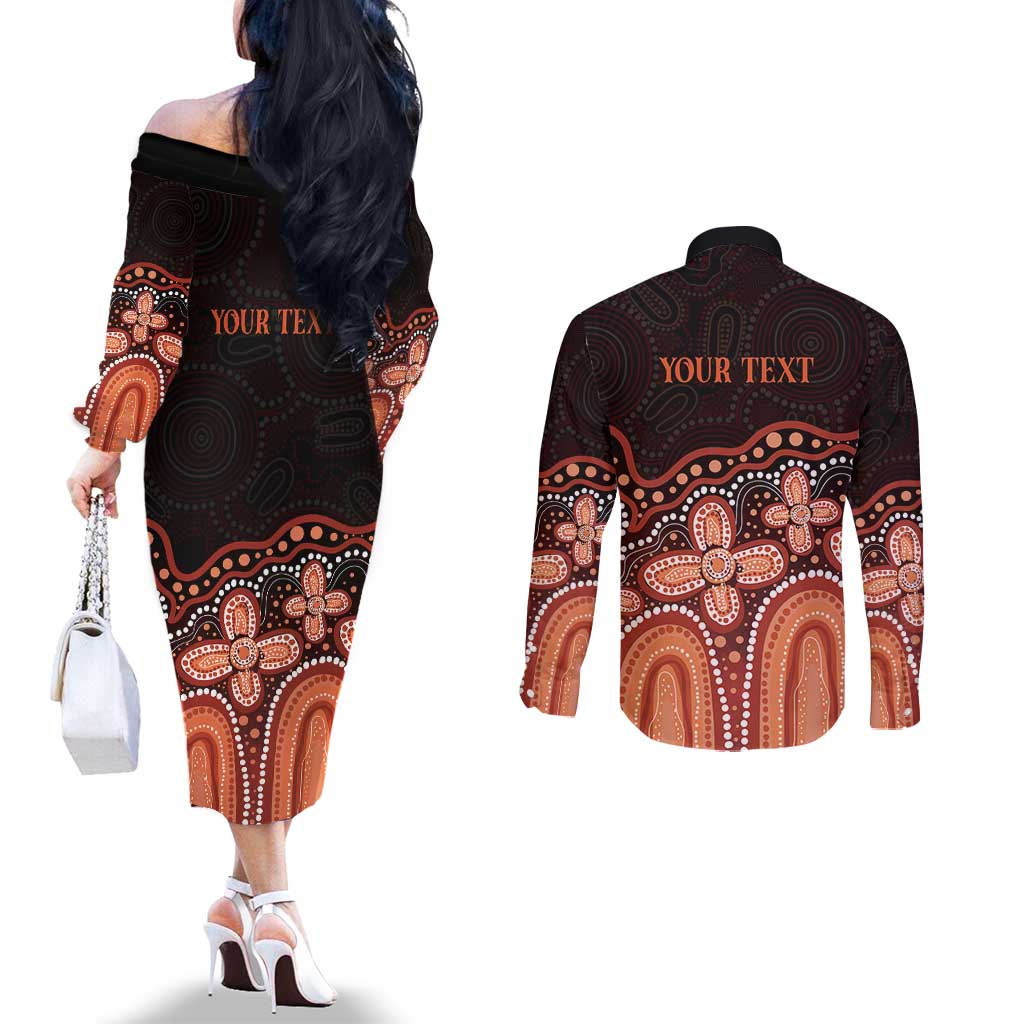 Australia Indigenous Personalized Couples Matching Off The Shoulder Long Sleeve Dress and Long Sleeve Button Shirt Fight Leukemia Orange Ribbons - Aussie Hoodie